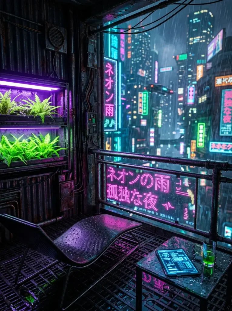 A dark cyberpunk balcony in the rain with glowing neon pink and green signs illuminated fern planters and a sleek black lounge chair on an industrial metal floor.