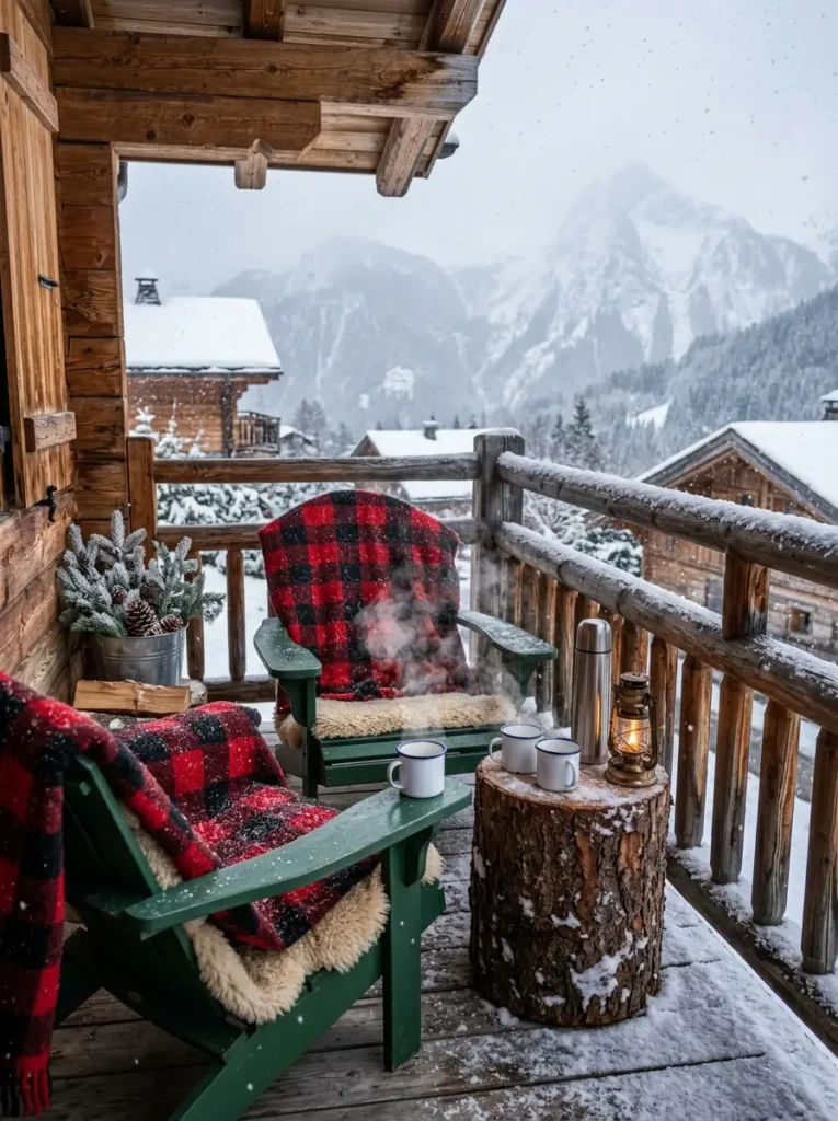 A rustic winter balcony with thick green wooden chairs covered in red and black buffalo check blankets a tree stump table and two enamel mugs facing snow covered mountains.