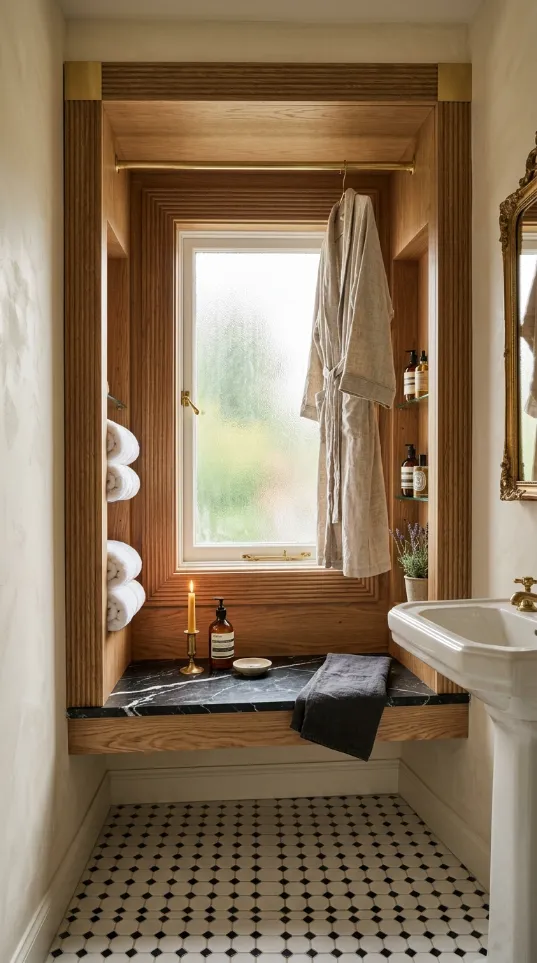 Bathroom window frame transformed into storage with a black marble shelf and side cubbies for towels.