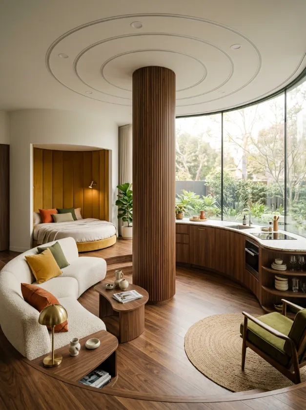 Fluid Curved Floor Plan Round apartment layout with curved sofas and a panoramic window view.