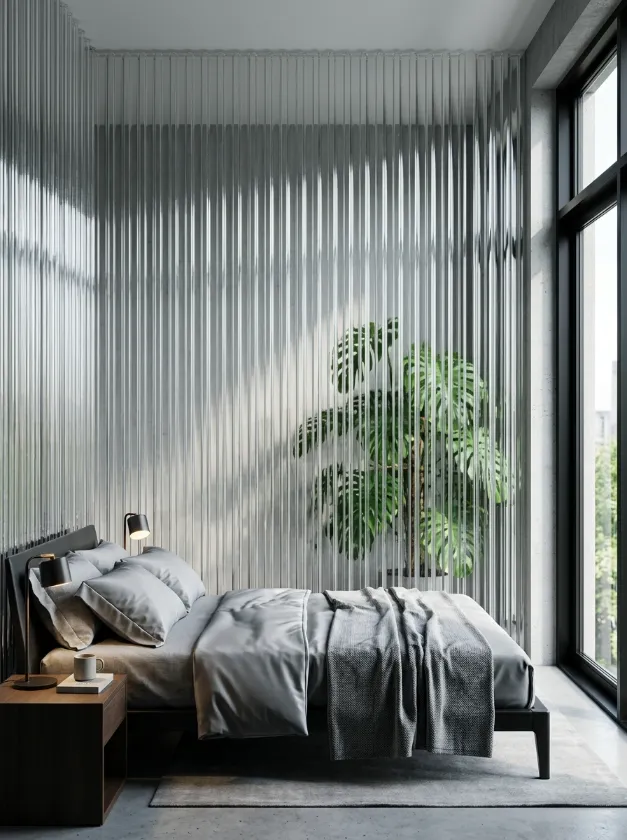 Modern room divider made of ribbed translucent glass.