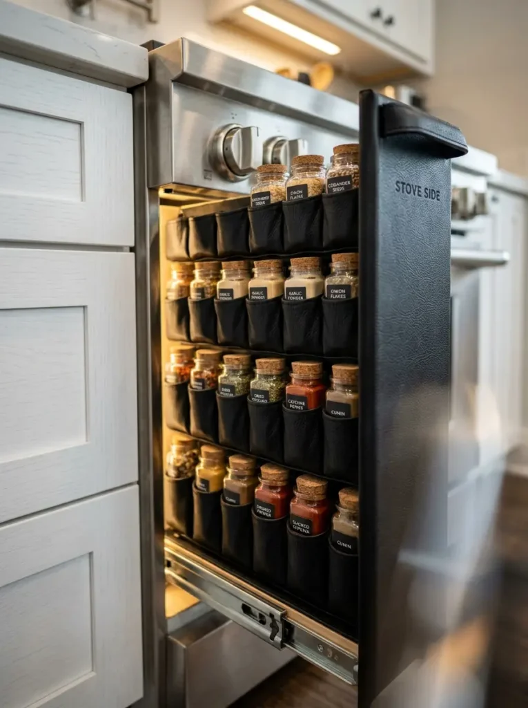 Stove Side Pull Out Spice Organizer Narrow pull out drawer next to a stove featuring black leather pockets for spices.