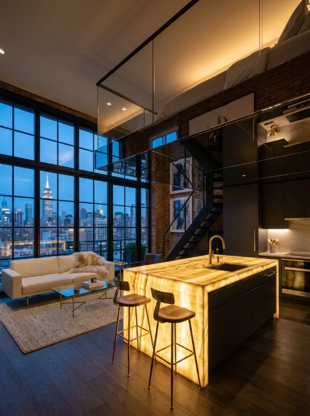 Backlit Stone Kitchen Feature Glowing marble kitchen island with black bar stools and city skyline views.