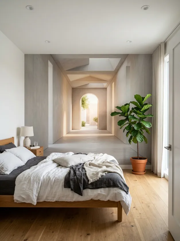 Bedroom wall featuring a 3D perspective archway mural.