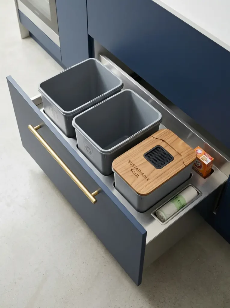 Integrated Kitchen Recycling Center Drawer Deep blue kitchen drawer containing multiple grey sorting bins and a compost container.