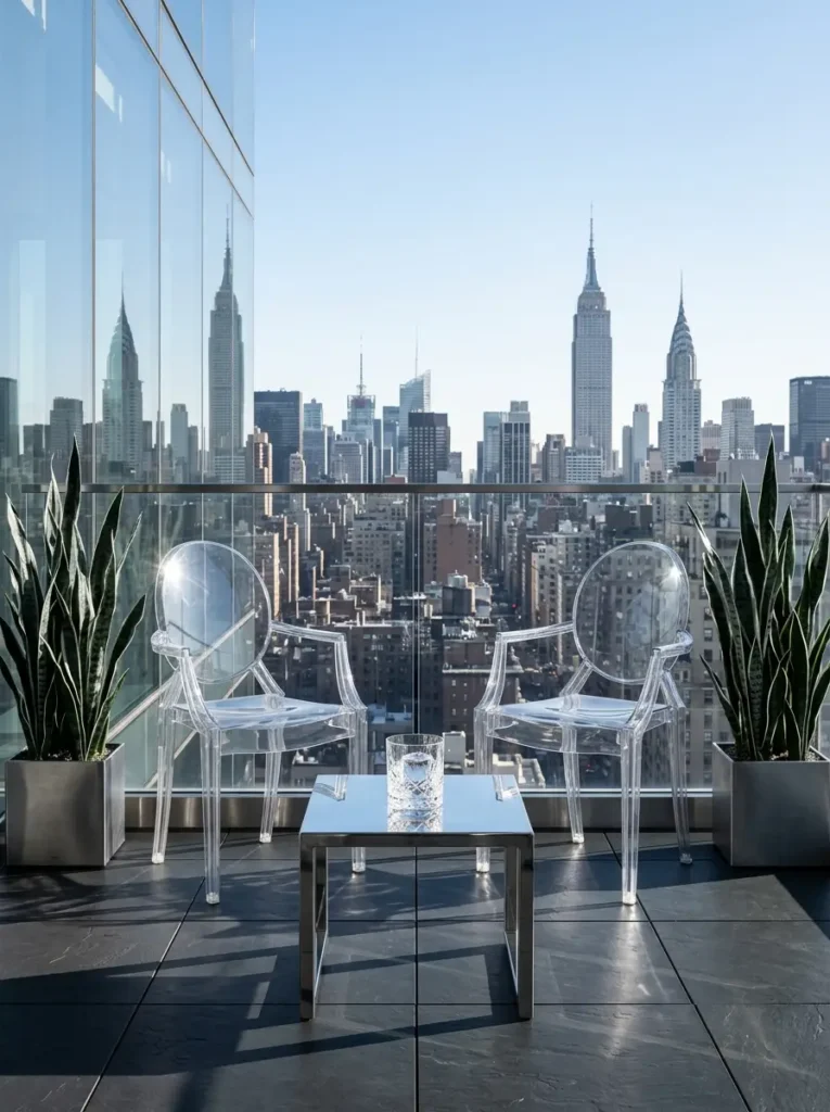 A minimalist high rise balcony featuring two clear acrylic ghost chairs a sleek chrome side table and tall snake plants in silver square planters against a city skyline.