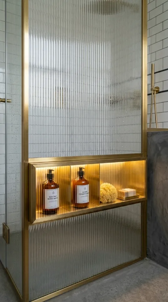 A luxury shower niche with golden brass framing and internal LED lighting holding amber apothecary bottles.