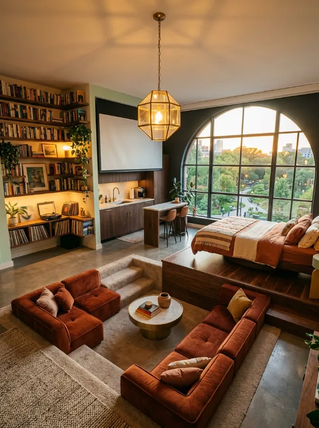 Recessed Lounge Floor Plan Sunken living room with orange sofas and a raised platform bed near large windows.
