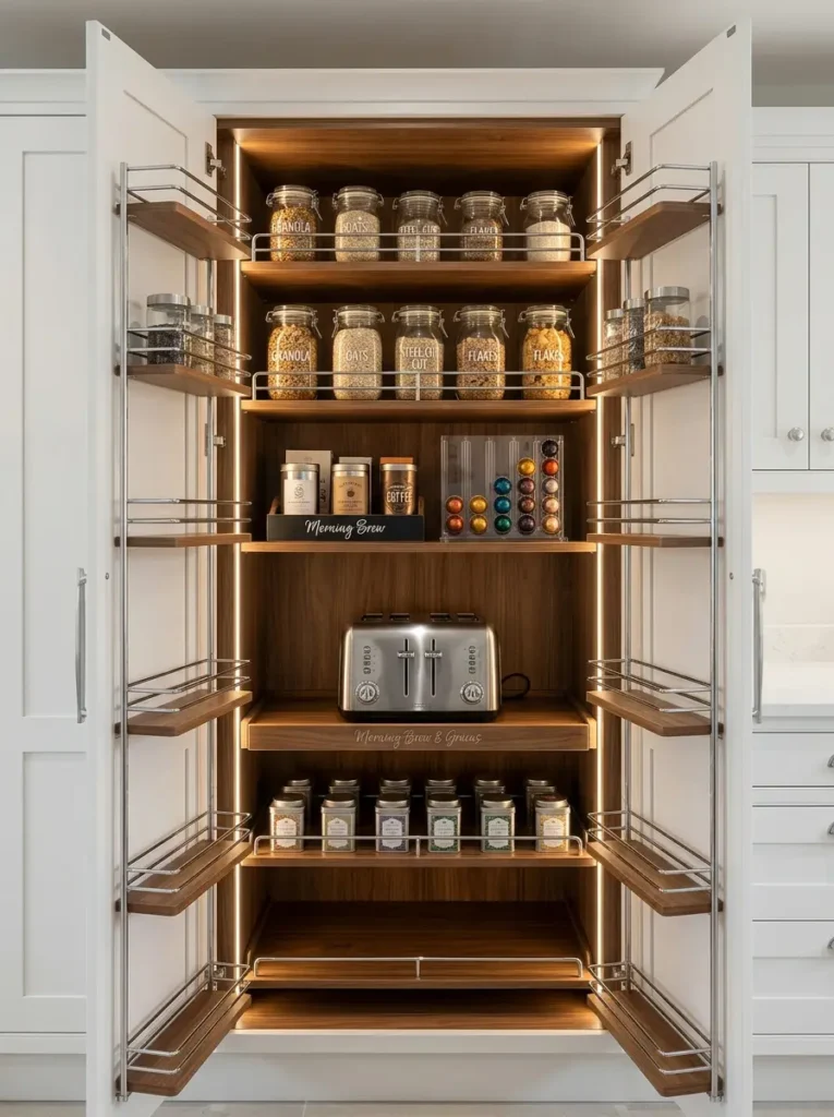 Illuminated Wooden Kitchen Pantry Tall wooden pantry cabinet with glowing LED lights and door storage racks.
