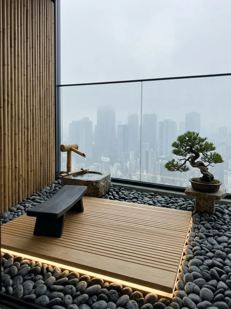 A minimalist Japanese stone garden on an apartment balcony featuring a wooden platform river rocks a bamboo water spout and a bonsai tree.