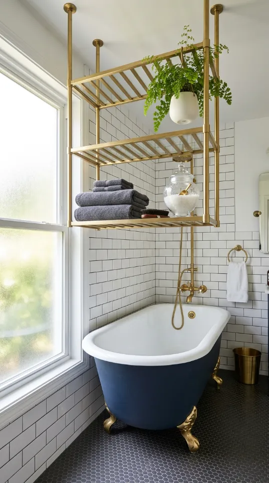 Gold metal storage rack suspended from the ceiling above a navy blue bathtub holding towels and a plant.