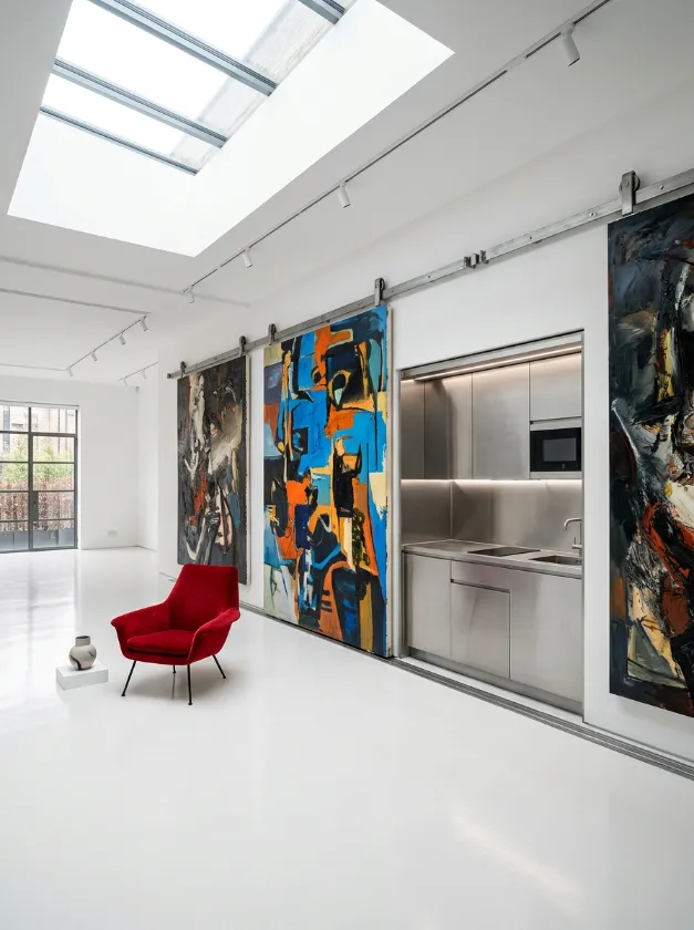 Functional Art Room Screens Modern art panels sliding to cover a stainless steel kitchen unit.