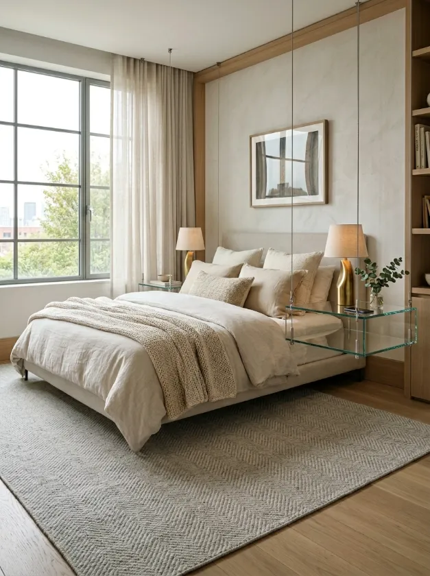 Clear glass nightstands hanging from the ceiling by thin wires.