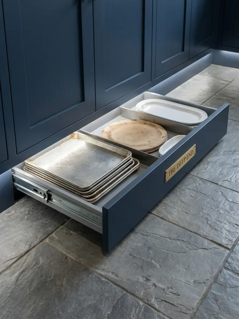 Toe Kick Storage Drawer for Trays Shallow drawer pulled out from the bottom cabinet toe kick holding flat baking sheets.