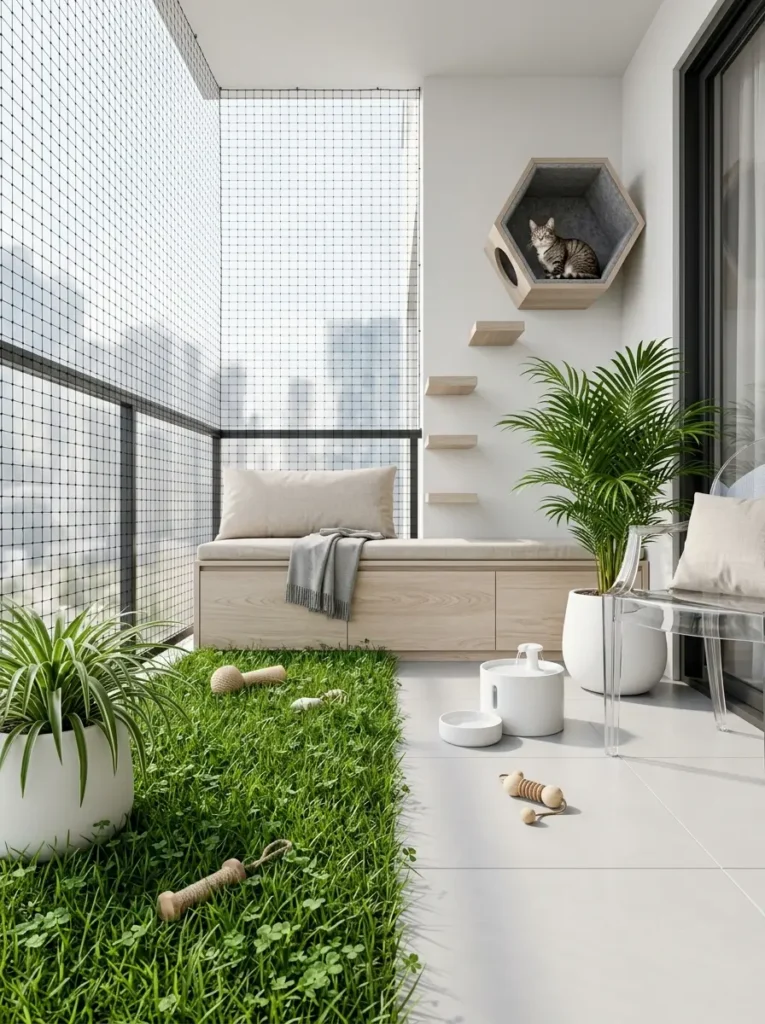 An enclosed cat friendly balcony with a patch of artificial grass a hexagonal wooden cat bed on the wall floating climbing steps and a light wood storage bench.