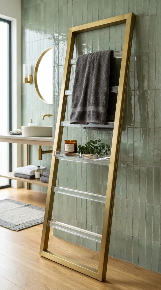 Golden metal leaning ladder with clear acrylic shelves holding a grey towel and a scented candle.