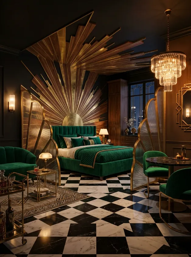 Luxury Vintage Style Studio Art deco studio with checkered marble floors and gold sunburst wall art.