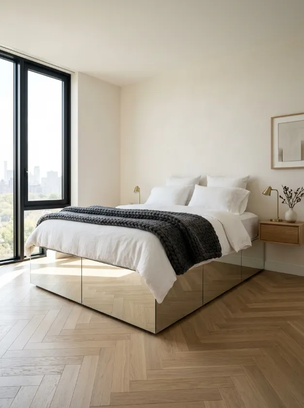 Platform bed with mirrored sides on wood floors.