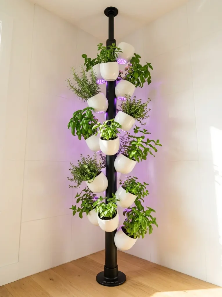 Vertical Corner Plant Pillar Black vertical pole in a corner holding white planters with purple grow lights.