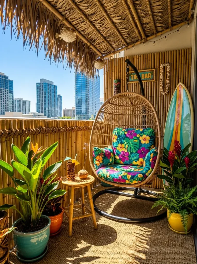 A fun tropical balcony with a thatched straw roof bamboo walls a hanging egg chair with a floral cushion surfboards and a carved tiki mug on a stool.