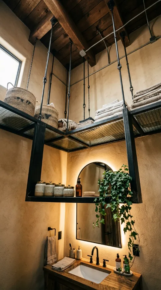 Black metal industrial storage rack hanging from a wooden ceiling with baskets and folded towels.