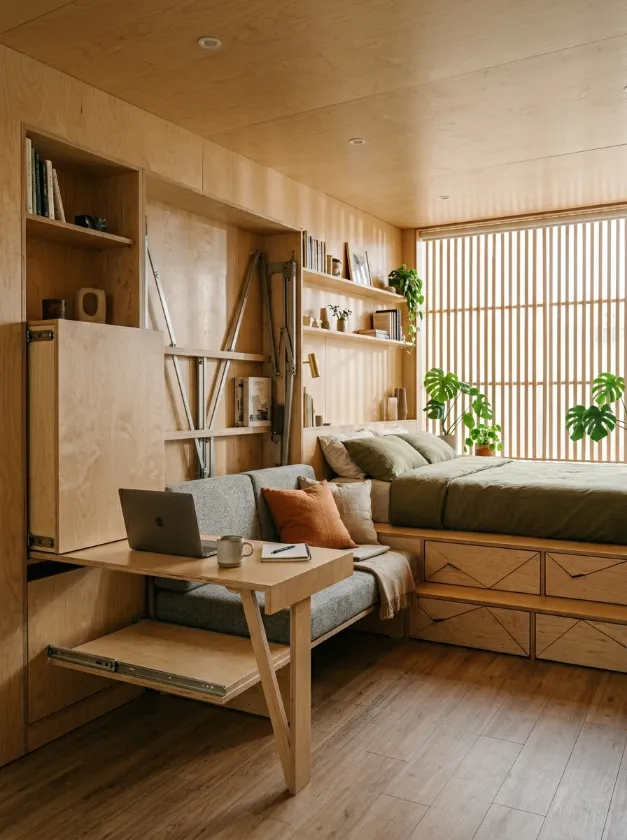 All In One Plywood Unit Plywood wall unit with a retractable desk and storage stairs for the bed.