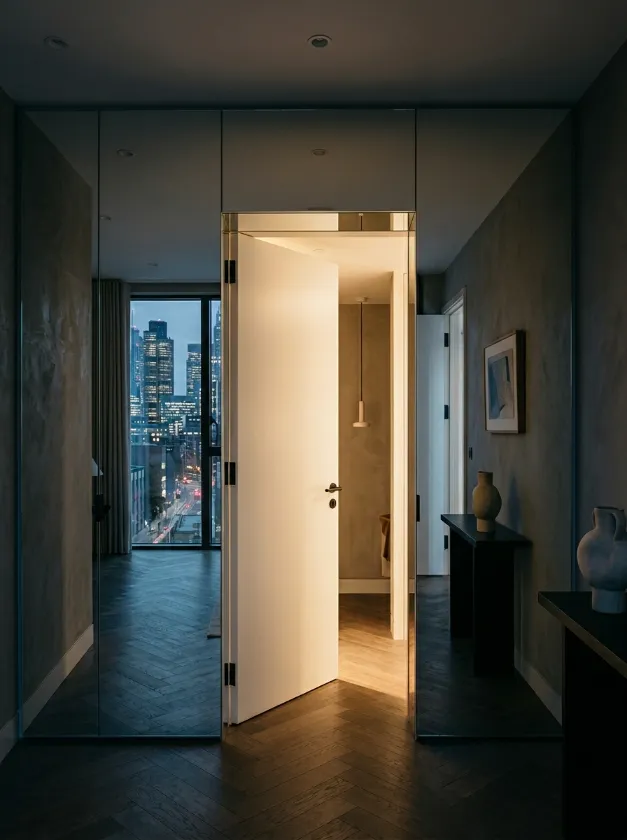 Bedroom doorway surrounded by tall mirrors to add depth.