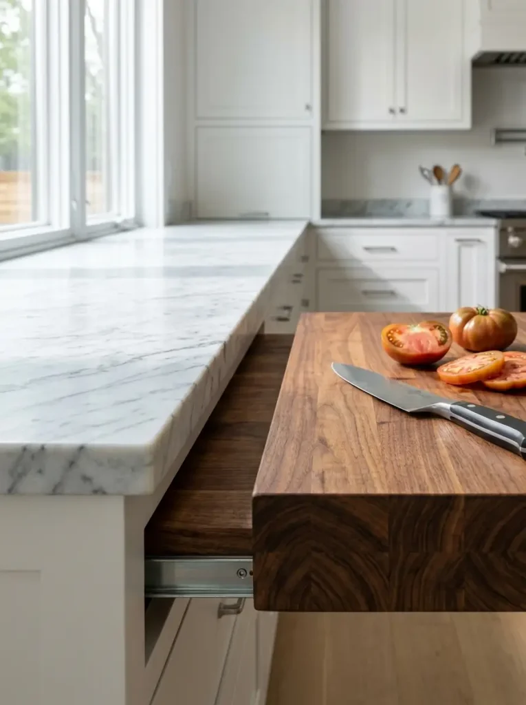 Sliding Disappearing Prep Surface Heavy walnut butcher block sliding out horizontally from a marble kitchen counter.
