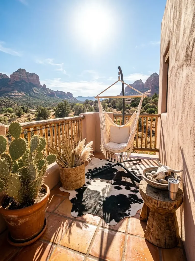 A sunny desert balcony featuring a white woven hammock chair on a stand a cowhide rug a large potted cactus and dried pampas grass overlooking red rocks.