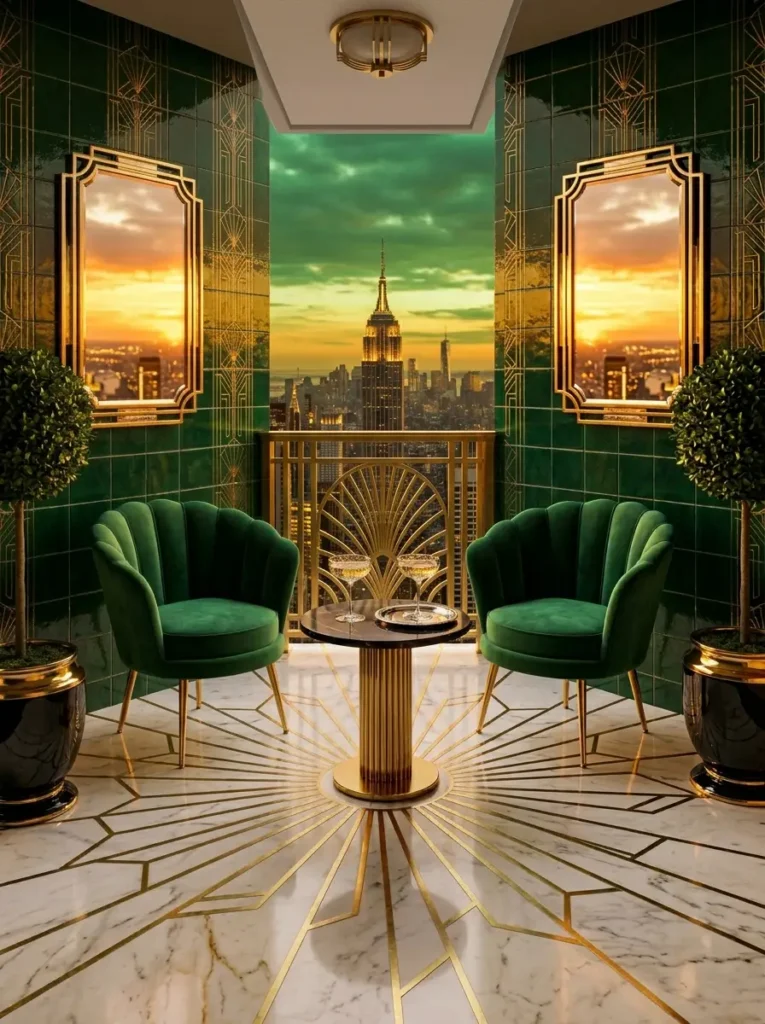 A luxurious art deco balcony with dark green patterned wall tiles two green velvet chairs a black marble table with a fluted gold base and gold starburst floor details.