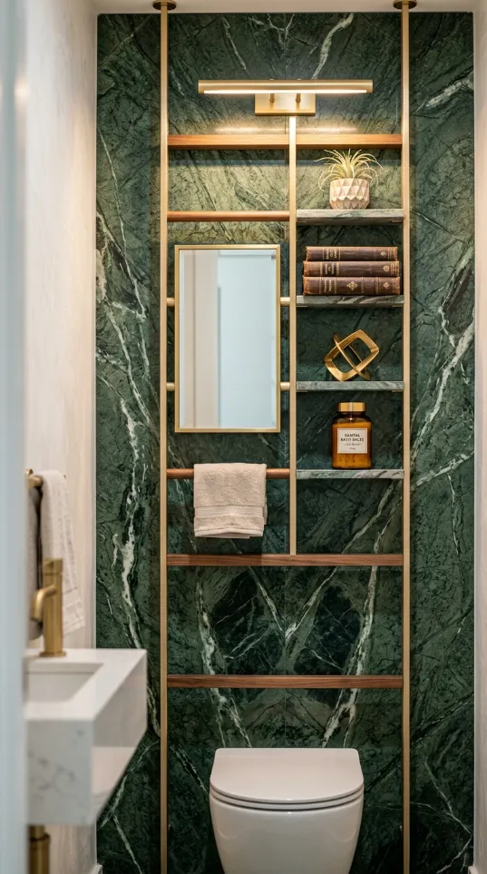 Custom storage unit with brass poles and green marble backing featuring shelves and a built-in mirror.
