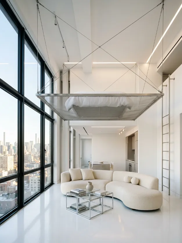 Suspended Minimalist Sleeping Area Minimalist white studio with a bed hanging from cables above a sofa.