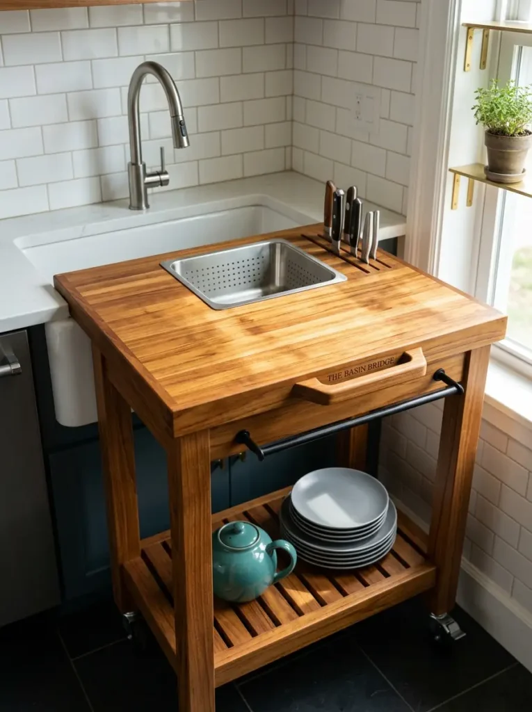 Mobile Wooden Sink Island Cart Small wooden rolling cart featuring a built in stainless steel sink basin and knife slots.