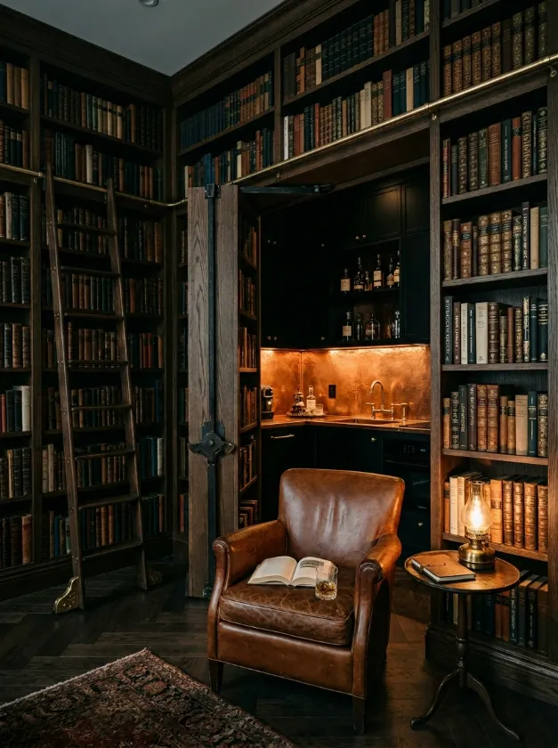 Secret Door Bookcase Bar Dark wood bookshelf that opens to reveal a copper bar area.