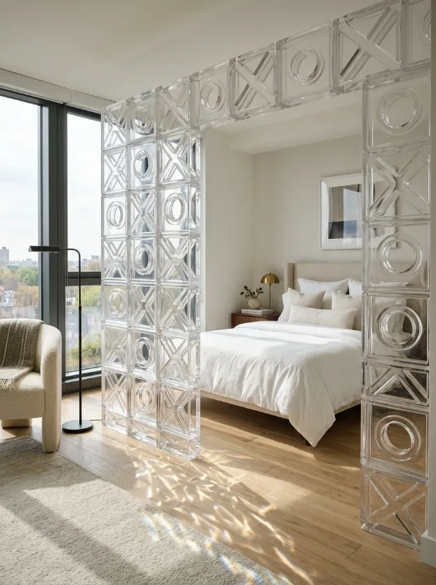 Room divider built from clear geometric glass blocks.