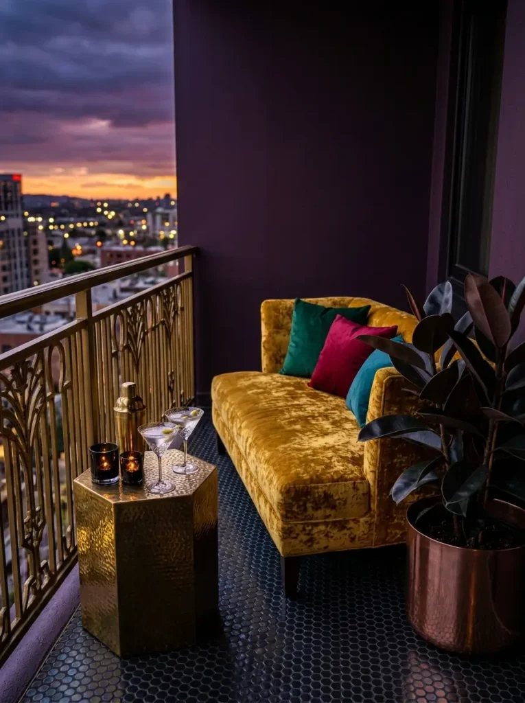 A moody evening balcony with deep purple walls a plush mustard yellow velvet sofa a hammered gold hexagonal table and a large rubber plant.