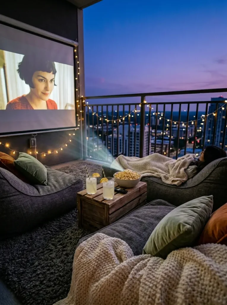 A balcony converted into a movie theater with a white pull down projector screen two gray bean bag chairs a wooden crate table and warm string lights at dusk.