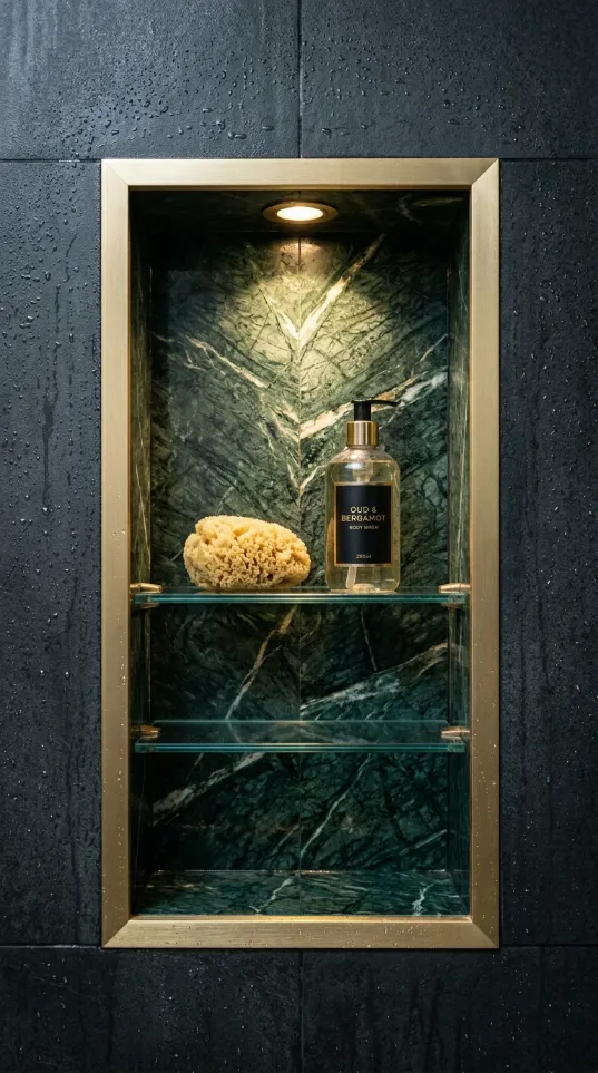 Tall gold metal shelving unit with glowing light strips holding rolled towels and apothecary jars.