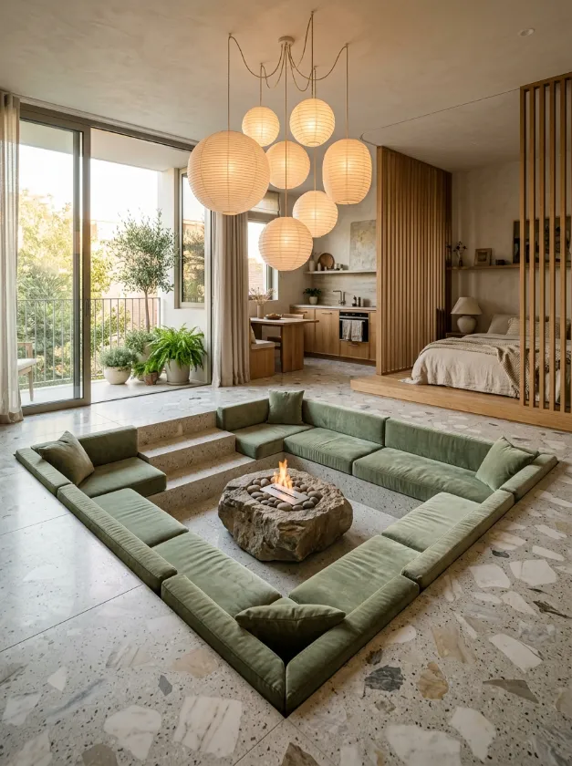 Indoor Fire Pit Lounge Recessed floor seating area with a stone fire pit and paper lamps.