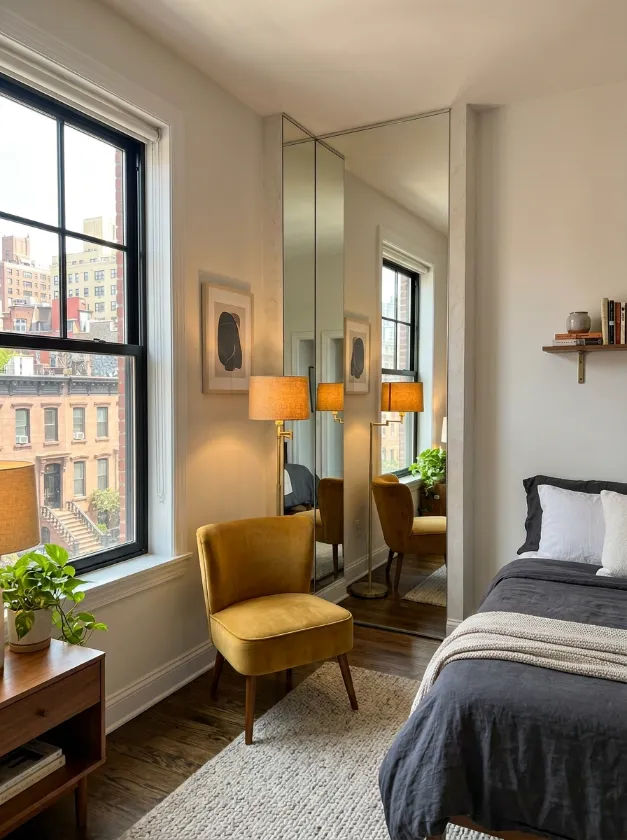 Slim tall mirrors placed in a corner next to a yellow chair.