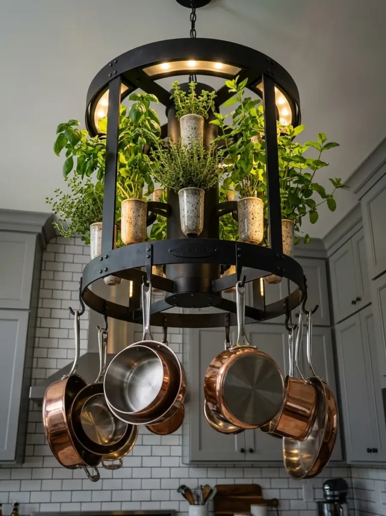 Hanging Herb Planter Chandelier Round black metal lighting fixture hanging from the ceiling holding small herb pots.
