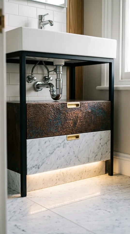 Sink vanity with a hammered metal top drawer and a marble bottom drawer illuminated by floor lighting.