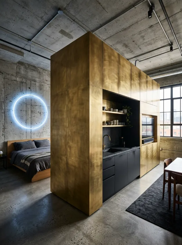 Metallic Kitchen Hub Design Brass kitchen island and storage cube in a concrete industrial studio.
