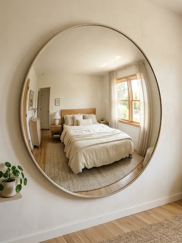 Minimalist bedroom with one oversized round wall mirror.