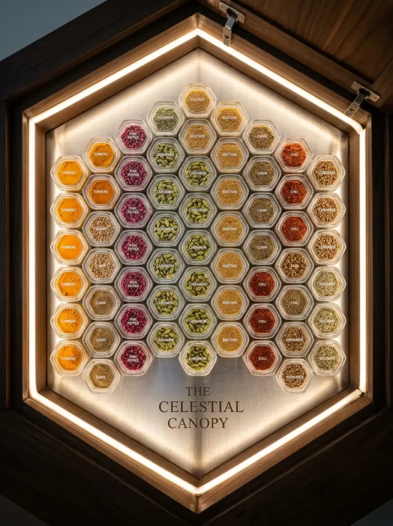 Hexagonal Honeycomb Spice Display Honeycomb shaped wooden frame on a wall displaying spices in small clear hexagonal jars.