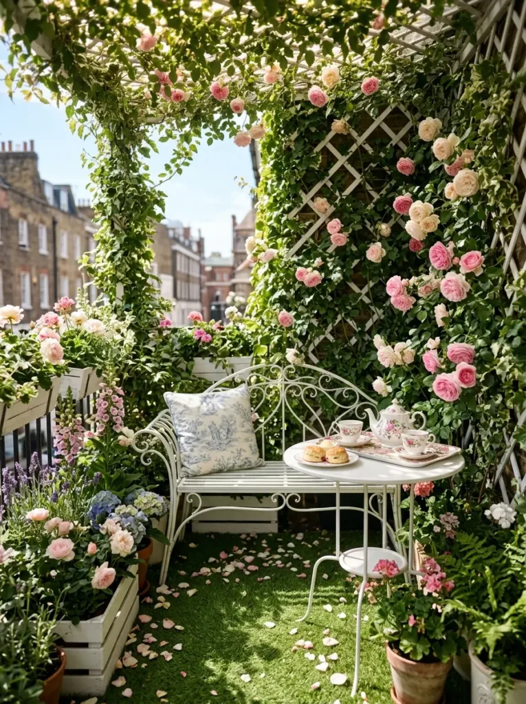 A romantic balcony overflowing with climbing pink roses on a white lattice a white decorative metal bench and a floral tea set on a matching round table.