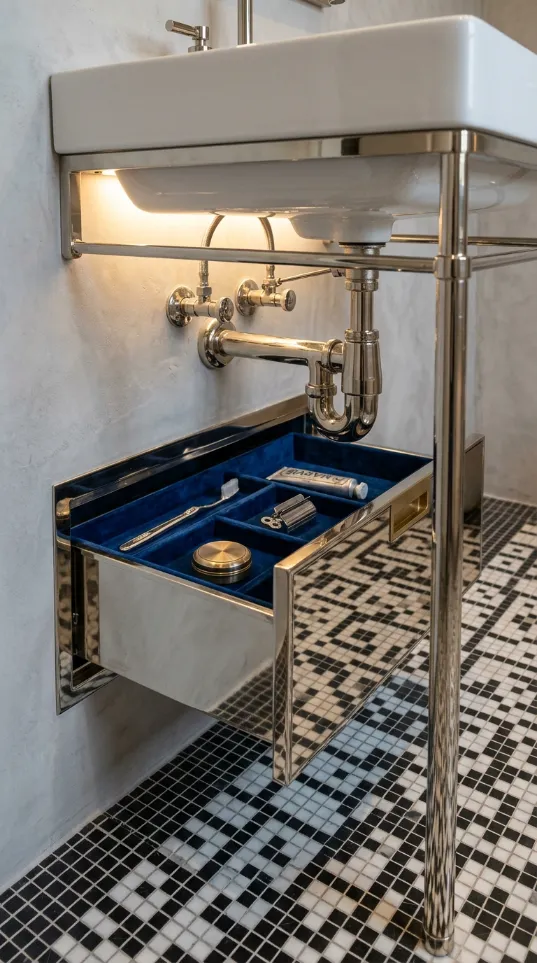 Chrome mirrored drawer built into a wall sliding open to reveal blue velvet-lined organizers with a toothbrush and razor.