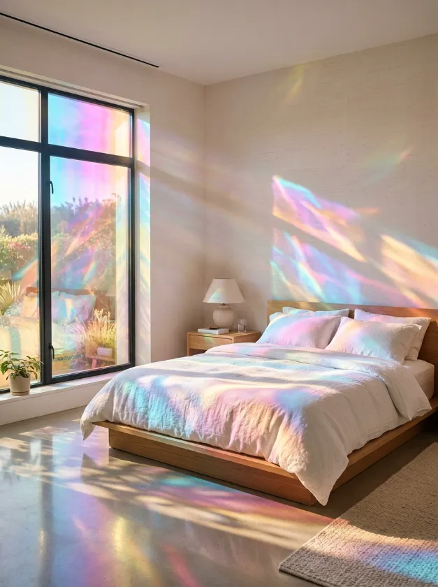 Bedroom window with prismatic film casting colors on the wall.
