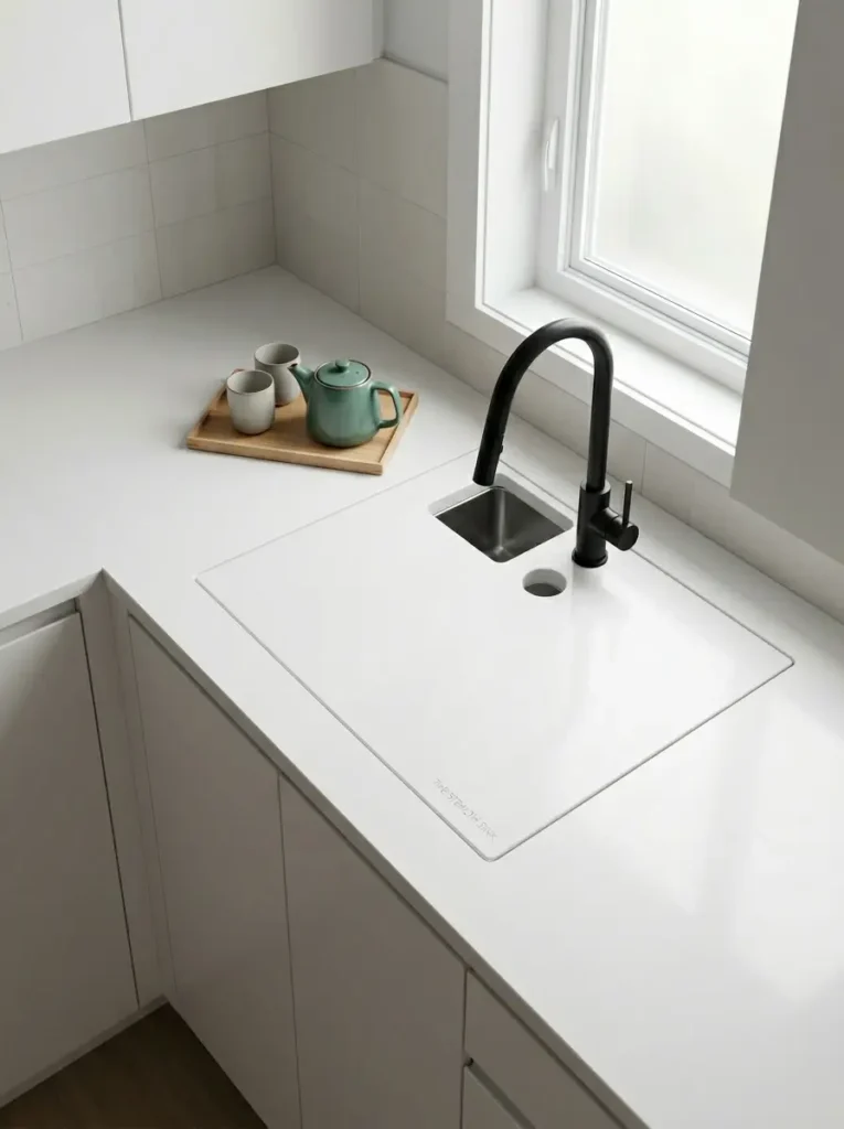 Integrated Micro Kitchen Basin Tiny square stainless steel sink built into a white counter next to a black faucet.