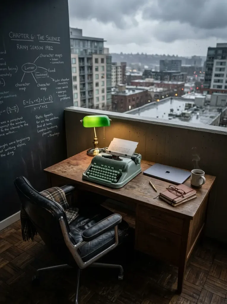 A moody enclosed balcony serving as a writer workspace with a vintage mint green typewriter on a wooden desk a green banker lamp and a dark chalkboard wall covered in notes.